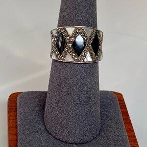 Vintage Sterling Silver Marcasite, Onyx & Mother of Pearl Ring | Art Deco